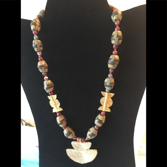 Sand beaded necklace with brass beads and pendant - Picture 1 of 2